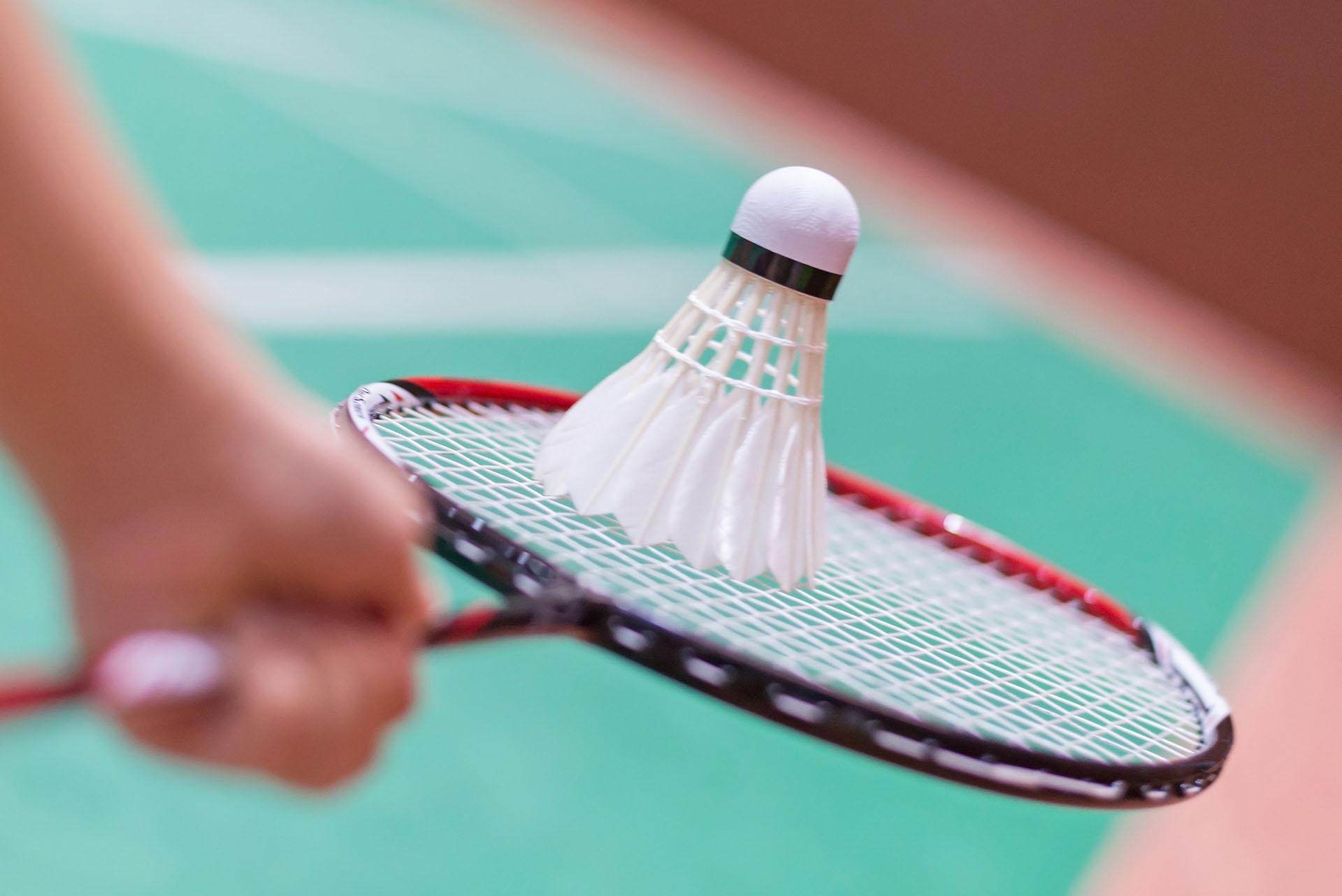 Nahaufnahme eines Federballs auf einem Badmintonschläger vor einer grünen Spielfeldfläche.
