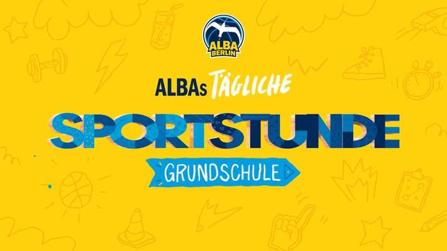Logo von ALBA Berlin auf gelbem Hintergrund mit dem Text "ALBAs tägliche Sportstunde Grundschule" in bunten Buchstaben.