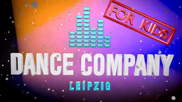Bunte Grafik mit dem Text "DANCE COMPANY LEIPZIG" und "FOR KIDS" über einem Musikvisualisierungssymbol.