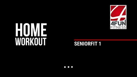 Schwarzer Hintergrund mit dem Text "HOME WORKOUT" und "SENIORFIT 1" sowie dem Logo von 4FUN FITNESS.