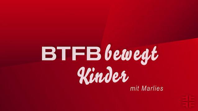Logo mit rotem Hintergrund, Schriftzug "BTFB bewegt Kinder mit Marlies" in weißen und hellen Farben.
