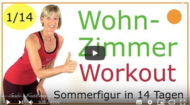 Frau mit Daumen hoch in sportlicher Kleidung, Titel „Wohnzimmer-Workout“ für Sommerfigur in 14 Tagen.