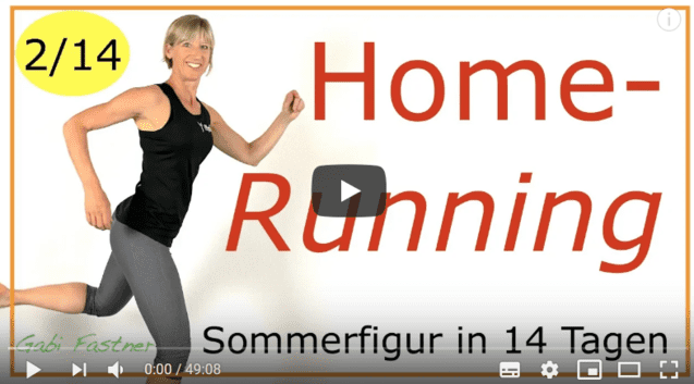 Frau in Sportkleidung zeigt eine Laufbewegung vor einem Video-Caption mit dem Titel „Home-Running Sommerfigur in 14 Tagen“.