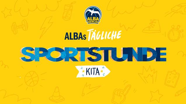 Logo von ALBA Berlin mit dem Text "ALBAs tägliche Sportstunde Kita" auf gelbem Hintergrund mit sportlichen Illustrationen.