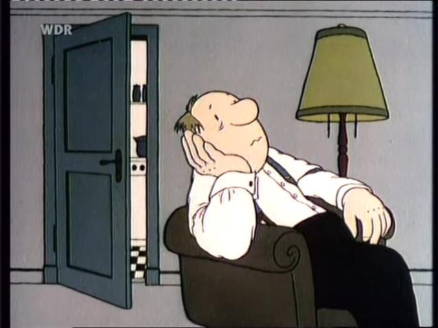 Karikatur eines nachdenklichen Mannes, der in einem Sessel sitzt, mit einer Lampe neben ihm und einer offenen Tür im Hintergrund.