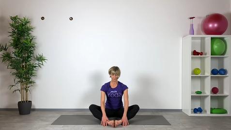 Frau in legerer Yoga-Kleidung sitzt auf einer Matte im Schmetterlingssitz, Hände auf den Füßen. Hinter ihr Pflanzen und Fitnessgeräte.