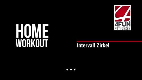 Schwarzer Hintergrund mit dem Text „HOME WORKOUT“ und „Intervall Zirkel“ sowie dem Logo von 4FUN FITNESS.