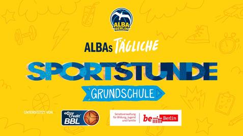 Logo von ALBA Berlin mit dem Schriftzug „ALBAs tägliche Sportstunde Grundschule“ auf gelbem Hintergrund.
