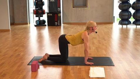 Frau in Yoga-Position auf Matte, mit Unterstützung eines Blockes, in einem hellen Fitnessraum.