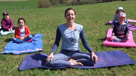 Eine Gruppe von Kindern und einer Frau übt Yoga auf Matten auf einer Wiese an einem sonnigen Tag.