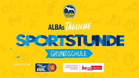 Logo von ALBA Berlin mit dem Schriftzug „ALBAs tägliche Sportstunde Grundschule“ auf gelbem Hintergrund.