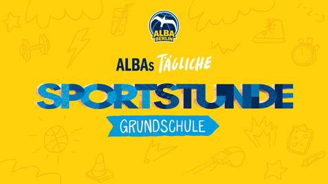 Grafik mit gelbem Hintergrund, Text „ALBAs tägliche Sportstunde Grundschule“ und Sportmotiven.