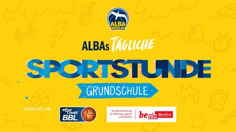 Gelbe Grafik mit dem Text „ALBAs tägliche Sportstunde Grundschule“ und Logos von Partnern im unteren Bereich.
