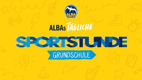 Logo von ALBA Berlin mit dem Text „ALBAs tägliche Sportstunde Grundschule“ auf gelbem Hintergrund.