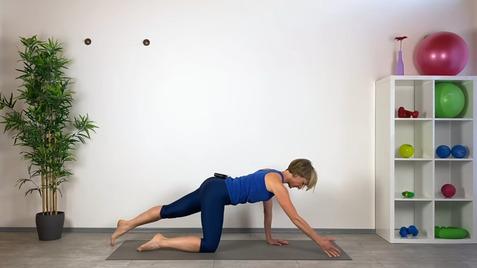 Frau in Blausegment im Vierfüßlerstand auf einer Matte, mit einer Hand nach vorn gestreckt. Hintergrund mit Pflanzen und Fitnessgeräten.