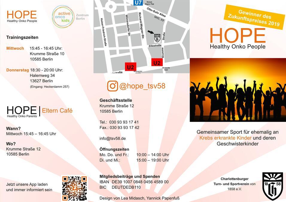 Informationsblatt zu HOPE mit Kontaktdaten, Trainingszeiten und einem Bild von Menschen in Silhouette bei Sonnenuntergang.