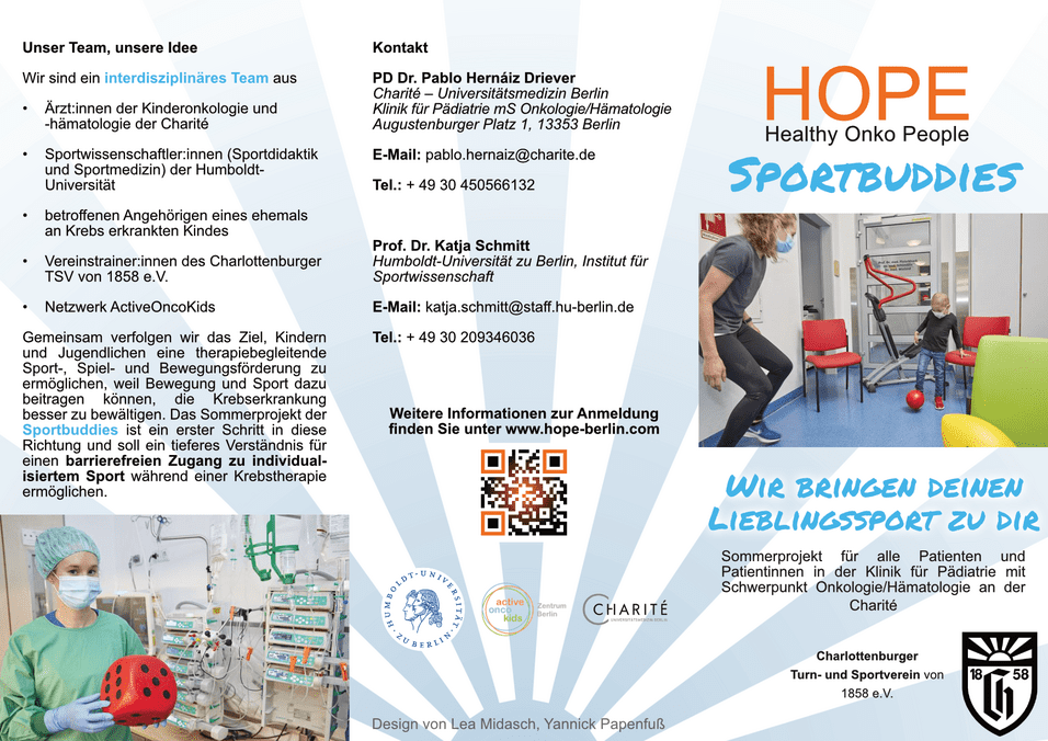 Infoblatt über das Projekt "Sportbuddies" für krebskranke Kinder mit Kontaktinformationen und Angeboten zur sportlichen Betätigung.