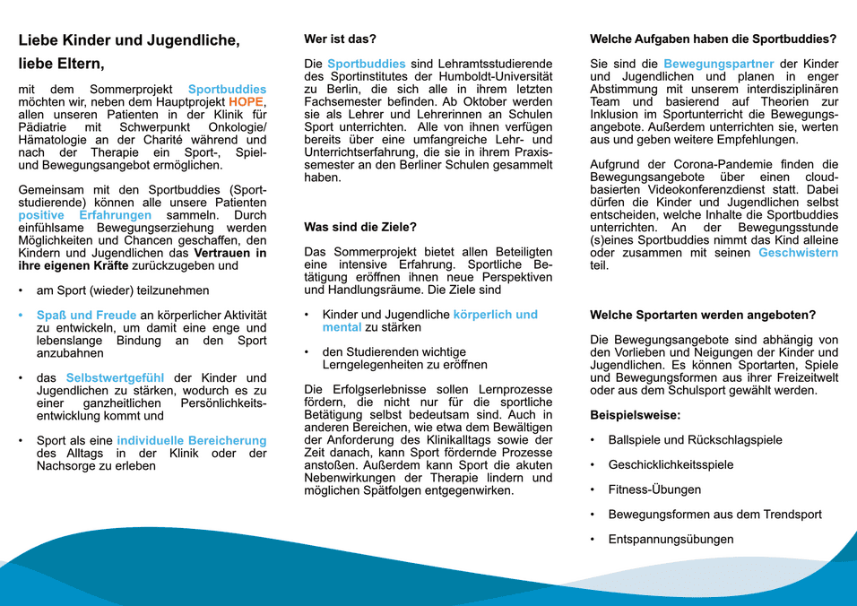 Informatives Informationsblatt über das Projekt "Sportbuddies" für Kinder und Jugendliche in einer Klinik.