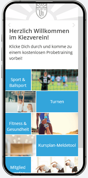 Mobile Ansicht einer Vereinswebsite mit Willkommensnachricht und Kategorien für Sport, Turnen und Fitness.
