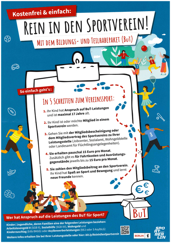 Bunt gestaltetes Infoplakat über den Zugang zu Sportvereinen mit dem Bildungs- und Teilhabepaket in Berlin.