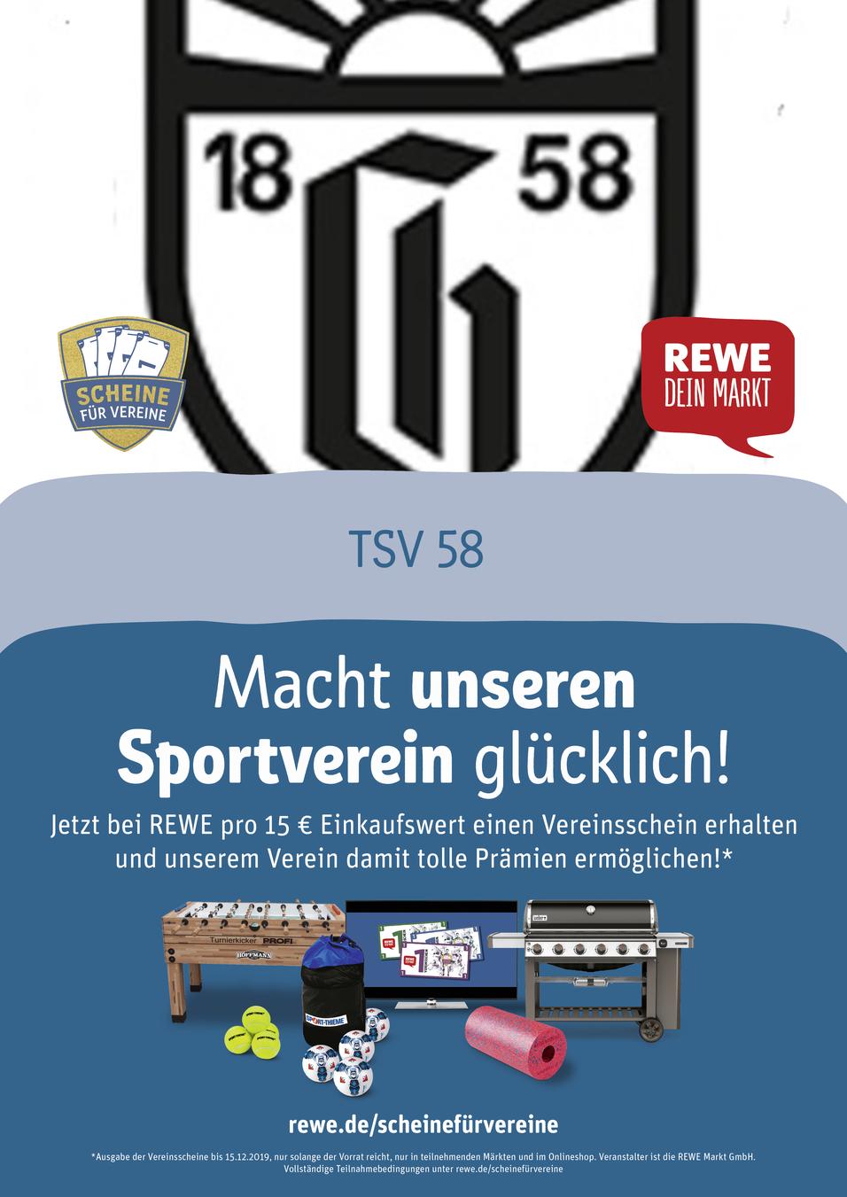 Werbung für den TSV 58 mit Anleitung zur Erfassung von Vereinsscheinen beim Einkauf bei REWE. Bilder von Prämien.